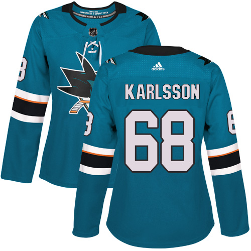 Adidas Sharks #68 Melker Karlsson Teal Home Authentic Women's Stitched NHL Jersey - Click Image to Close